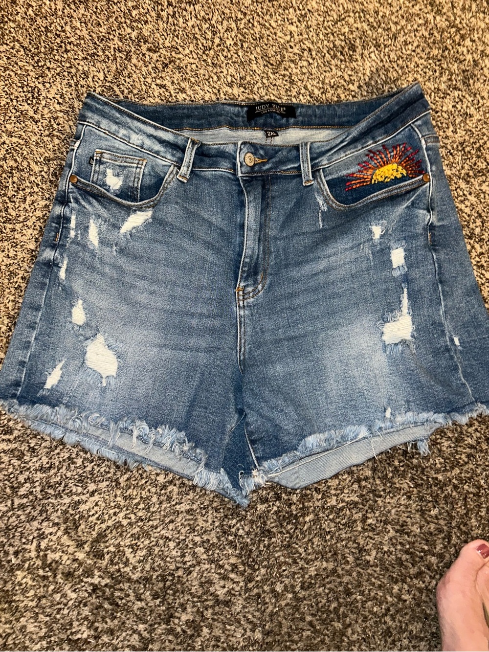 Judy Blue Distressed Light Blue Denim Shorts with Sun Embroidery